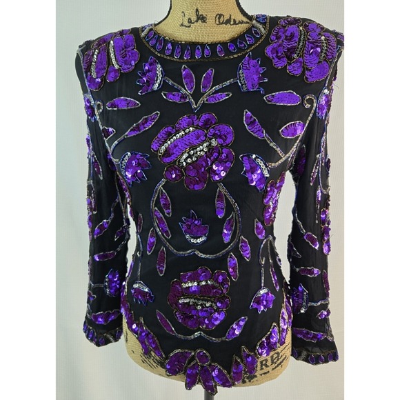The Unbranded Brand Tops - women's 100% Silk Purple Floral Festival live house sequin blouse Top size PS